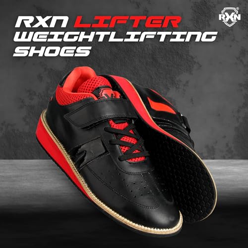 RXN Natural Leather with Mesh Lining, Velcro Gold MEDA-List Weightlifting Shoes for Men, Black, 8 UK, (WLS1-BLACK-08) - Image 2