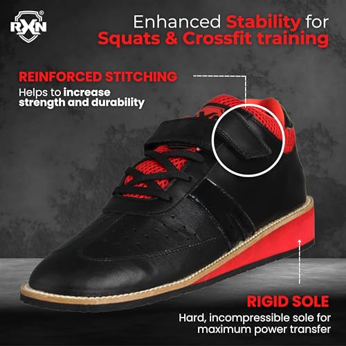 RXN Natural Leather with Mesh Lining, Velcro Gold MEDA-List Weightlifting Shoes for Men, Black, 8 UK, (WLS1-BLACK-08) - Image 3