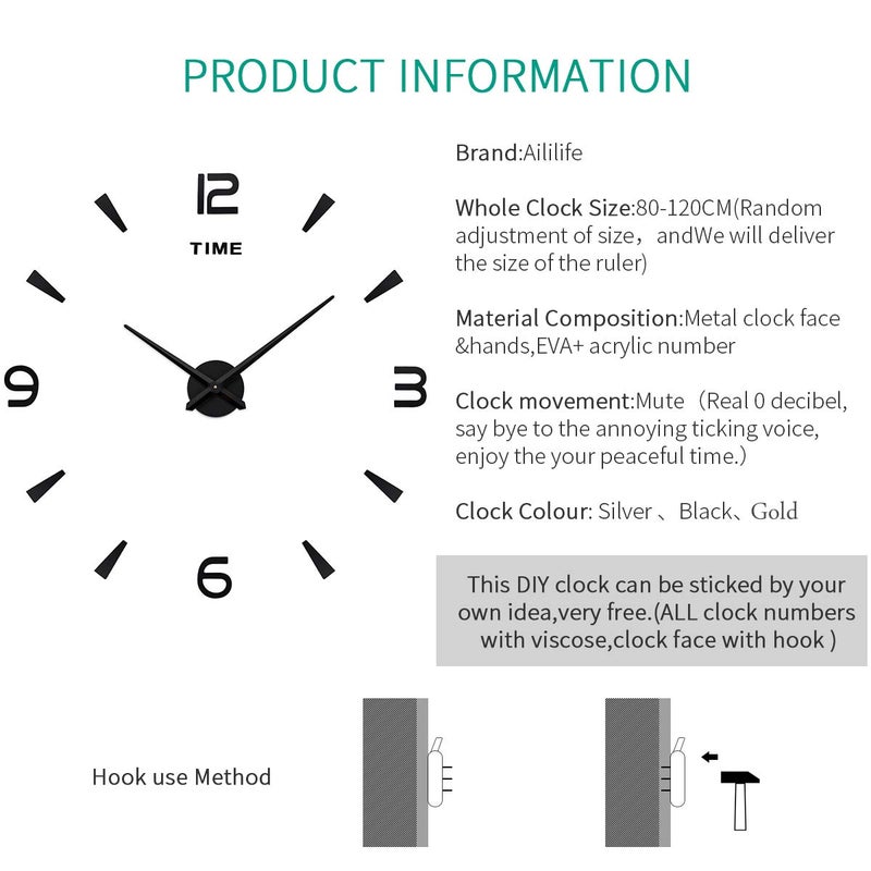 AILILIFE 3D DIY Wall Clock Decor Sticker Mirror Frameless Large DIY Wall Clock Kit for Home Living Room Bedroom Office Decoration (Black) - Image 3