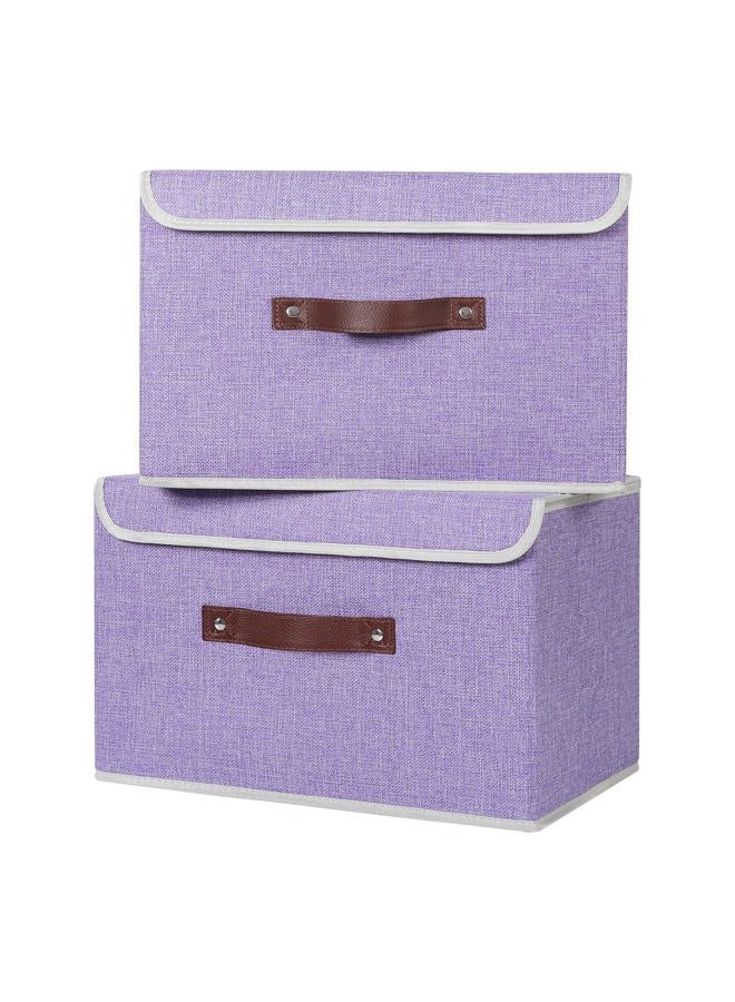 ANMINY 2PCS Storage Bins with Lid PU Leather Handles Storage Boxes PP Plastic Board Decorative Foldable Lidded Cotton Linen Fabric Home Cubes Baskets Closet Organizer Containers - Purple, Large Size - Image 1