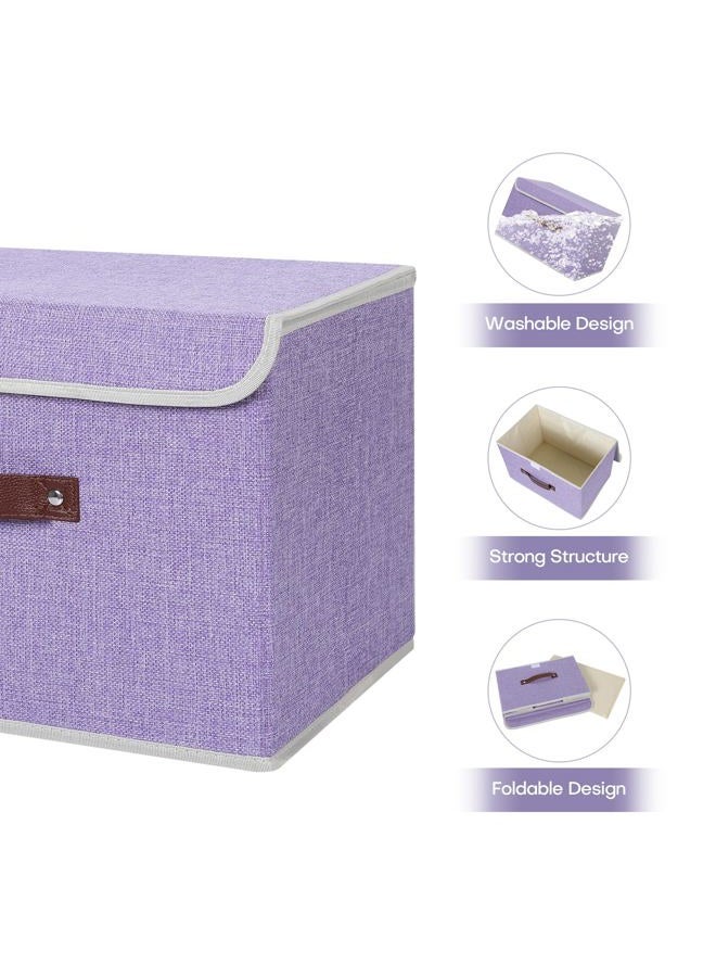 ANMINY 2PCS Storage Bins with Lid PU Leather Handles Storage Boxes PP Plastic Board Decorative Foldable Lidded Cotton Linen Fabric Home Cubes Baskets Closet Organizer Containers - Purple, Large Size - Image 4