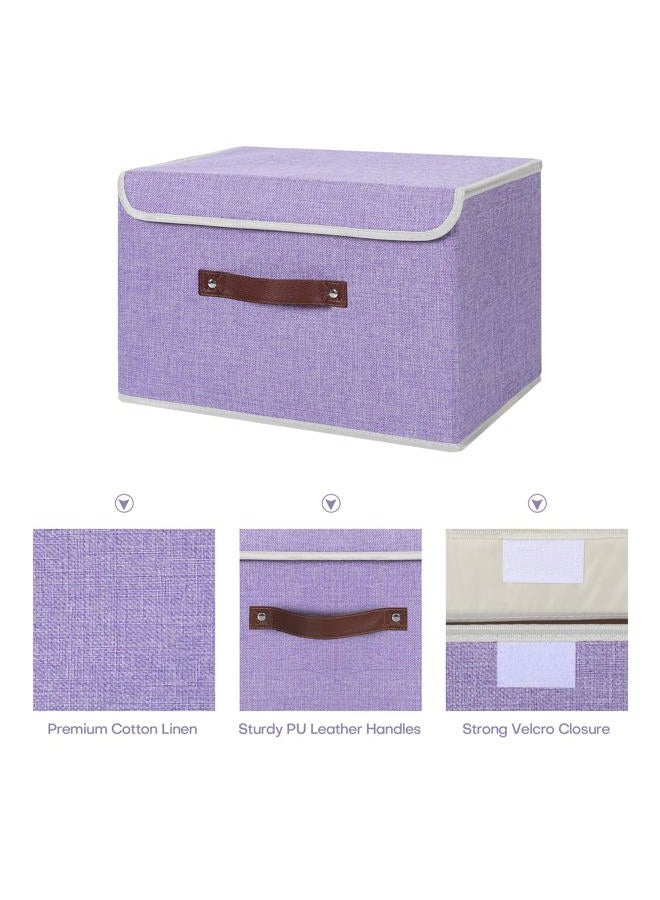 ANMINY 2PCS Storage Bins with Lid PU Leather Handles Storage Boxes PP Plastic Board Decorative Foldable Lidded Cotton Linen Fabric Home Cubes Baskets Closet Organizer Containers - Purple, Large Size - Image 3