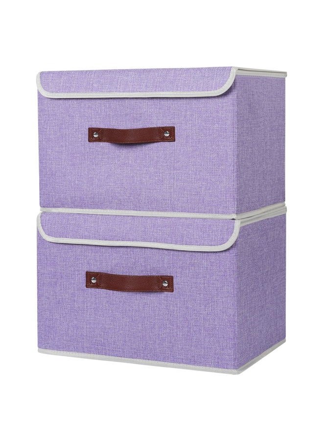 ANMINY 2PCS Storage Bins with Lid PU Leather Handles Storage Boxes PP Plastic Board Decorative Foldable Lidded Cotton Linen Fabric Home Cubes Baskets Closet Organizer Containers - Purple, Large Size - Image 2