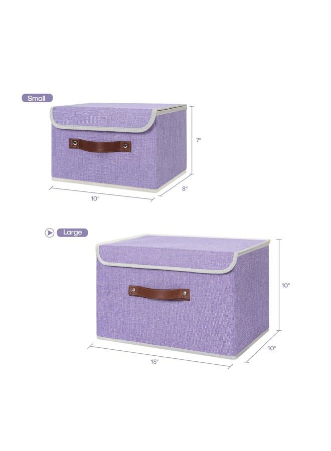 ANMINY 2PCS Storage Bins with Lid PU Leather Handles Storage Boxes PP Plastic Board Decorative Foldable Lidded Cotton Linen Fabric Home Cubes Baskets Closet Organizer Containers - Purple, Large Size - Image 5