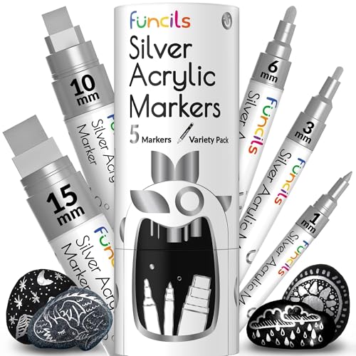 Funcils 5 Acrylic Silver Paint Pen Silver Marker Metallic Paint Pens for Fabric Wood Canvas Leaf Metal Glass Plastic Permanent Pen Fine Tip Thin Point Jumbo 1mm 3mm 6mm 10mm 15mm - Image 1