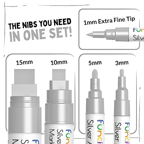 Funcils 5 Acrylic Silver Paint Pen Silver Marker Metallic Paint Pens for Fabric Wood Canvas Leaf Metal Glass Plastic Permanent Pen Fine Tip Thin Point Jumbo 1mm 3mm 6mm 10mm 15mm - Image 3