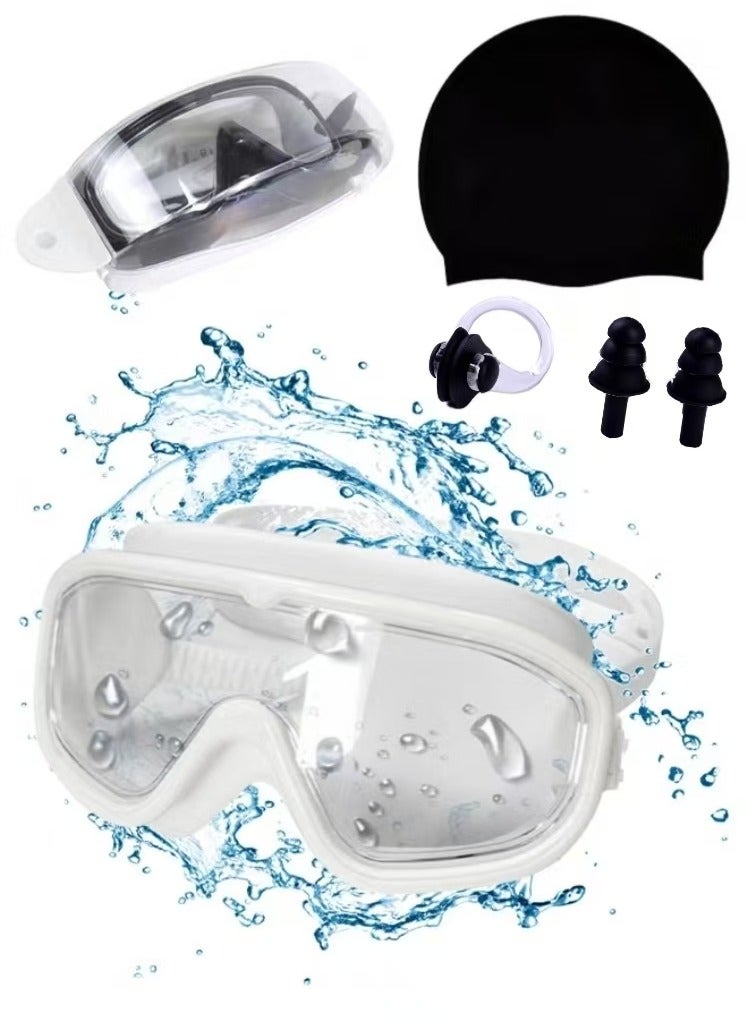 Captaintech Large Frame Clear Swim Goggles with Swimming Cap, Earplugs, and Nose Clip - Leak-Proof UV Anti Fog Swimwear Eyewear - Unisex Men Women - Image 1