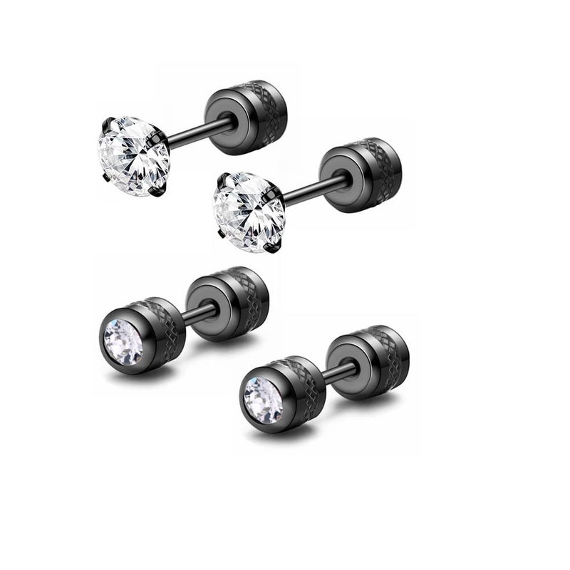 Hypoallergenic double sided diamond Stud Earrings For Womens Men Secure Safety Screw back Cartilage CZ Stud Earrings (4mm Black (2 Pairs))