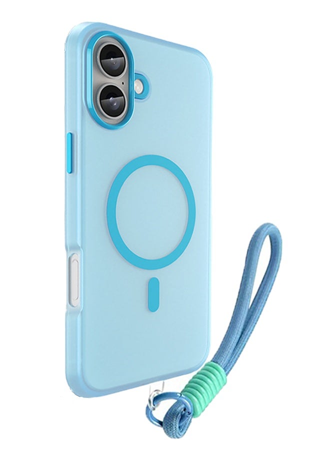 Magnetic Case with Lanyard for Apple iPhone 16, Compatible with MagSafe, Translucent Matte Back Shockproof Phone Cover - Light Blue - Image 1