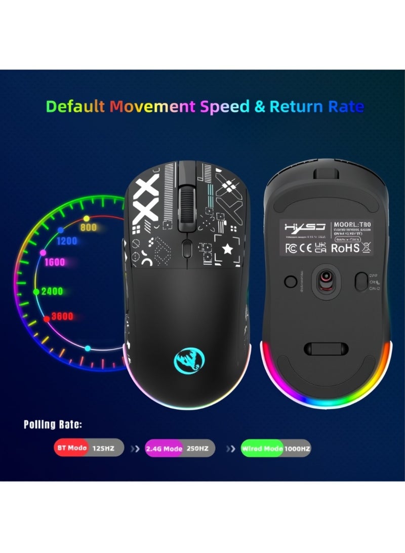 إتش إكس إس جيه ماوس ألعاب T90، سلكي/لاسلكي/بلوتوث بثلاثة أوضاع، ماوس لاسلكي للكمبيوتر المحمول، ماوس محمول من النوع C بخمسة مستويات DPI مع 12 وضع إضاءة RGB - Image 3