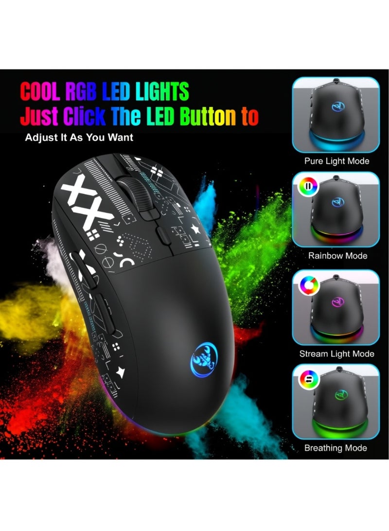 إتش إكس إس جيه ماوس ألعاب T90، سلكي/لاسلكي/بلوتوث بثلاثة أوضاع، ماوس لاسلكي للكمبيوتر المحمول، ماوس محمول من النوع C بخمسة مستويات DPI مع 12 وضع إضاءة RGB - Image 4