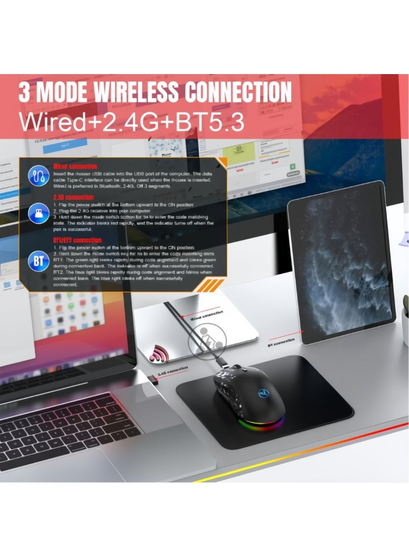 إتش إكس إس جيه ماوس ألعاب T90، سلكي/لاسلكي/بلوتوث بثلاثة أوضاع، ماوس لاسلكي للكمبيوتر المحمول، ماوس محمول من النوع C بخمسة مستويات DPI مع 12 وضع إضاءة RGB - Image 5