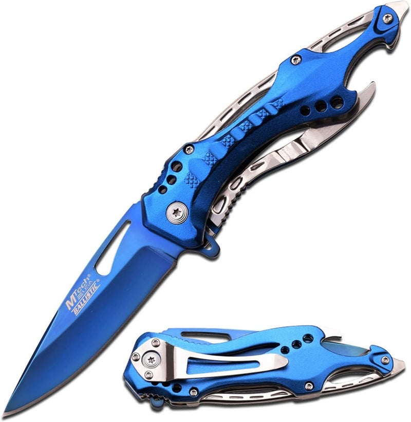 MTECH USA Folding Knife, 3.75-Inch Half-Serrated Blade, Titanium Coating, Glass Breaker, Pocket Clip - Image 1