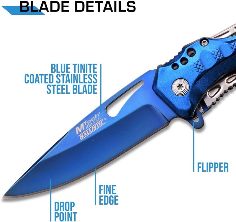 MTECH USA Folding Knife, 3.75-Inch Half-Serrated Blade, Titanium Coating, Glass Breaker, Pocket Clip - Image 3