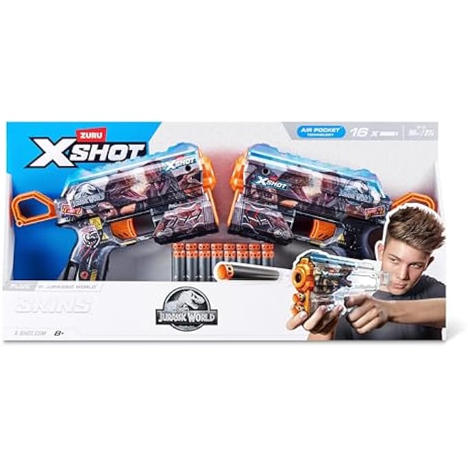 JURASSIC FLUX COMBO 2 PACK DART BLASTER WITH DINOSAUR SKINS, AIR POCKET DARTS, SINGLE SHOT WITH STORAGE, RECOIL ACTION, FIRES 27M/90FT, INCLUDES 16 FOAM DARTS, AGES 8 AND UP - Image 4