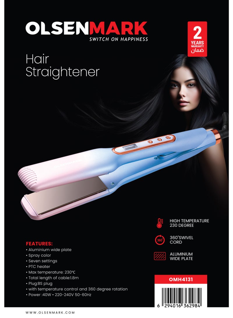 Olsenmark Hair Straightener- OMH4131/ Smooth and Easy-To-Use Design, Aluminum Plate, Temperature 230-degree Celsius/ PTC Heating Element, 7 Settings, Perfect for Salon and At Home Styling/ 2 Years Warranty sky blue and grey - Image 1