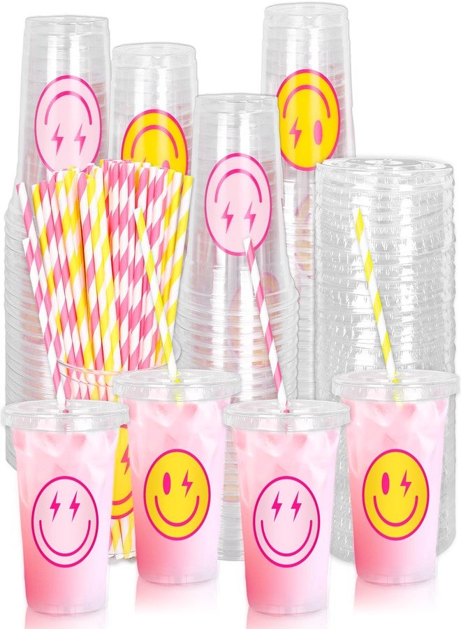 Whaline 50Pcs Preppy Smile Face Disposable Plastic Cups with Lids and Straws 12Oz Pink Yellow Lightning Smile Cold Beverage Drinking Cups for Birthday Baby Shower Wedding - Image 1