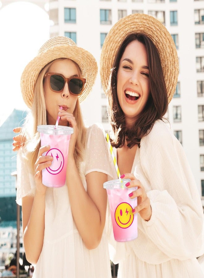 Whaline 50Pcs Preppy Smile Face Disposable Plastic Cups with Lids and Straws 12Oz Pink Yellow Lightning Smile Cold Beverage Drinking Cups for Birthday Baby Shower Wedding - Image 4