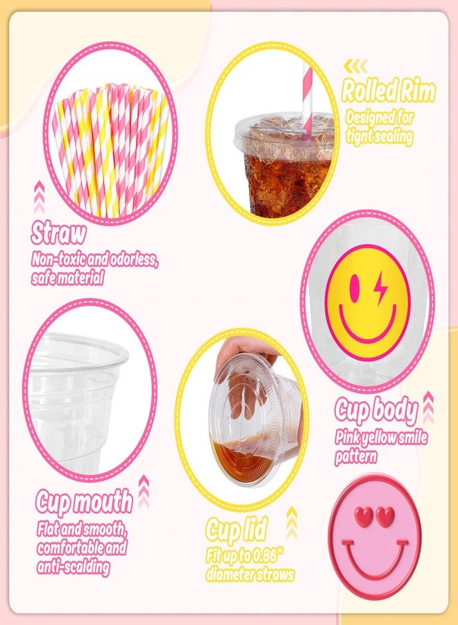 Whaline 50Pcs Preppy Smile Face Disposable Plastic Cups with Lids and Straws 12Oz Pink Yellow Lightning Smile Cold Beverage Drinking Cups for Birthday Baby Shower Wedding - Image 3