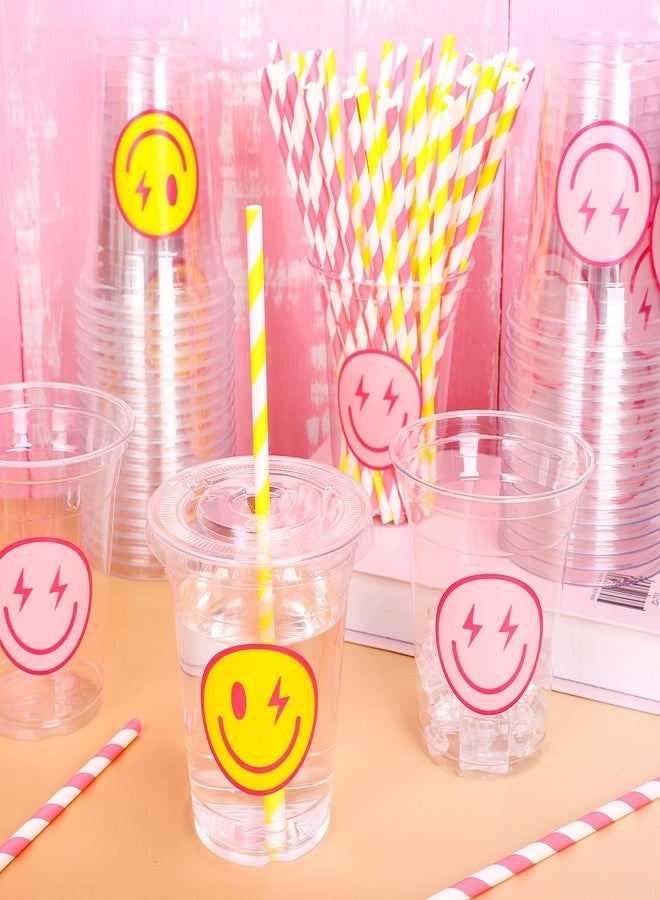 Whaline 50Pcs Preppy Smile Face Disposable Plastic Cups with Lids and Straws 12Oz Pink Yellow Lightning Smile Cold Beverage Drinking Cups for Birthday Baby Shower Wedding - Image 5