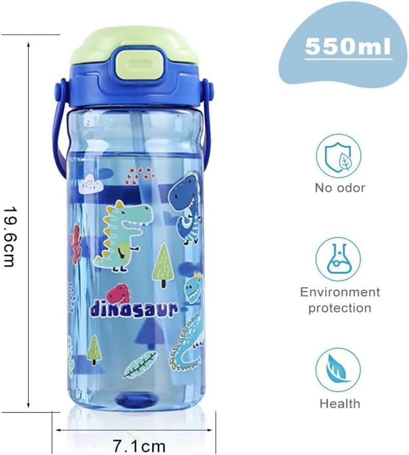 UKR Button Straw Water Bottle 550 ml Boys Blue Leakproof School Kids 18 oz Automatic Drinking Bottle Toddlers Press On Refillable BPA free (Dinosaur) - Image 1
