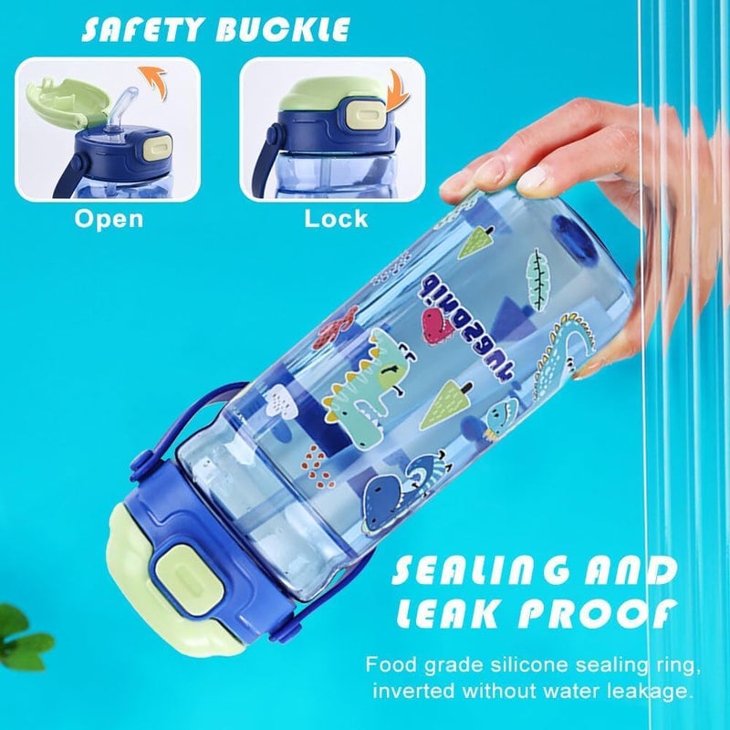 UKR Button Straw Water Bottle 550 ml Boys Blue Leakproof School Kids 18 oz Automatic Drinking Bottle Toddlers Press On Refillable BPA free (Dinosaur) - Image 2