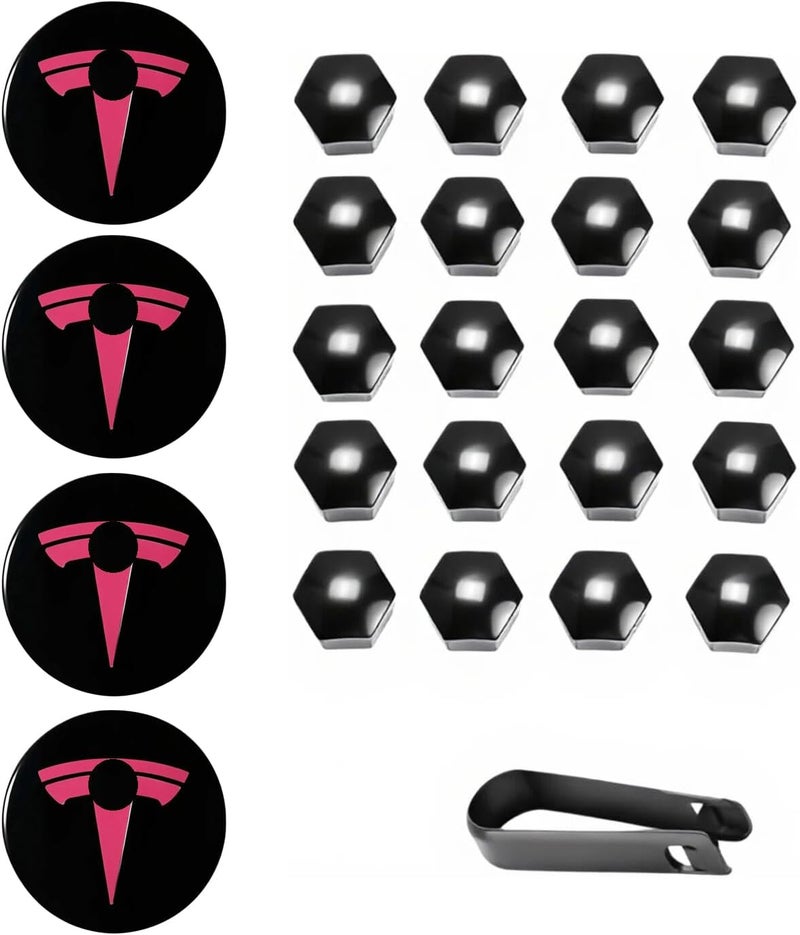 Tesheer Wheel Center Hub Cap Kit with Tesla Emble Brand Center Caps for Model 3 Model Y with 20 Lug Nut Covers (4PCS) (Pink) - Image 2
