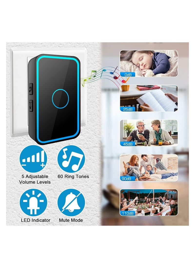 Excefore - Wireless Doorbell with Plug-in Receiver IP55 Waterproof Doorbell 1000ft Range Plug-in Cordless Door Chime Kit 5 Volume Levels 60 Chimes & LED Flash For Home Office Classroom Use - Image 1