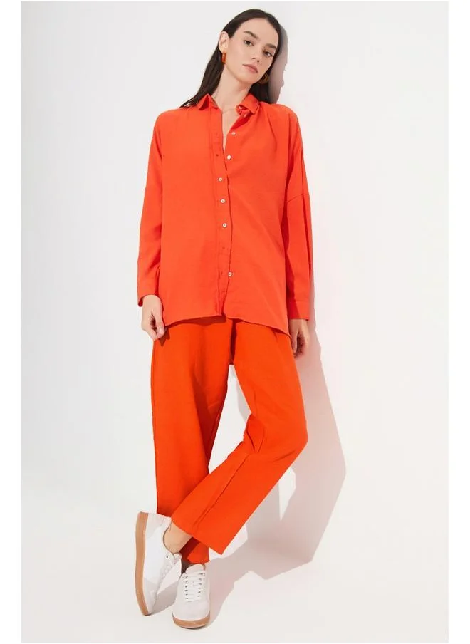 جون June Exclusive Elastic Waist 100% Linen Trouser Orange