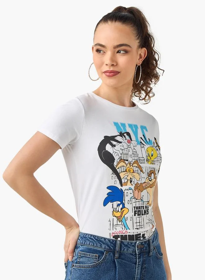 Looney Tunes Print T-shirt with Short Sleeves