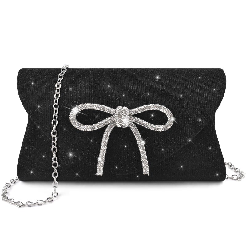 PACETAP Bow Evening Bag Sparkly Clutch Purses for Women, Glitter Dressy Clutch Bags for Wedding Party Prom(Black) - Image 1