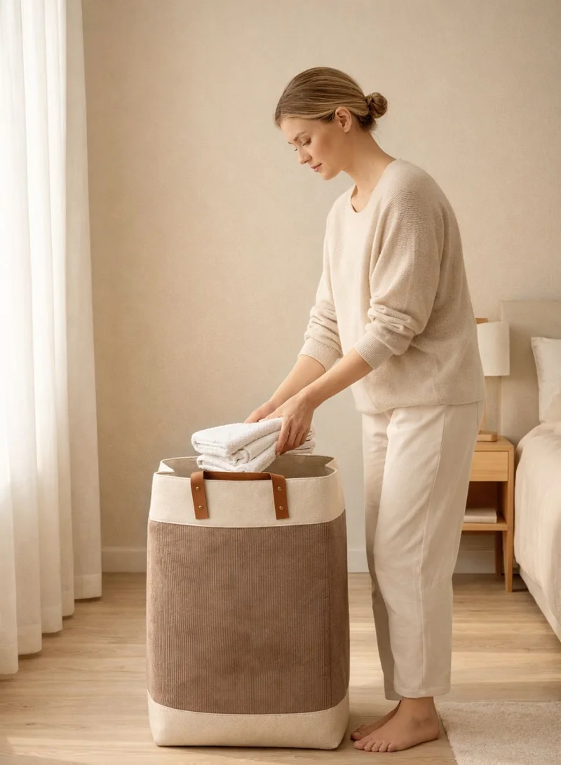 1Chase Brown Foldable Velvet Laundry Basket 60L with Leather Handles – Natural Jute Style Storage Bin for Clothes, Blankets & Home Organization, Brown  | Best Price UAE