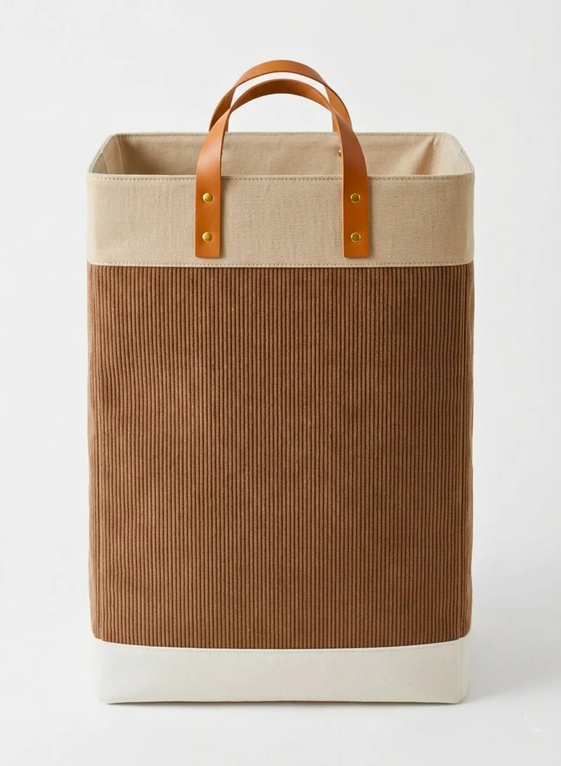 1Chase Foldable Velvet Laundry Basket 60L with Leather Handles – Natural Jute Style Storage Bin for Clothes, Blankets & Home Organization, Brown