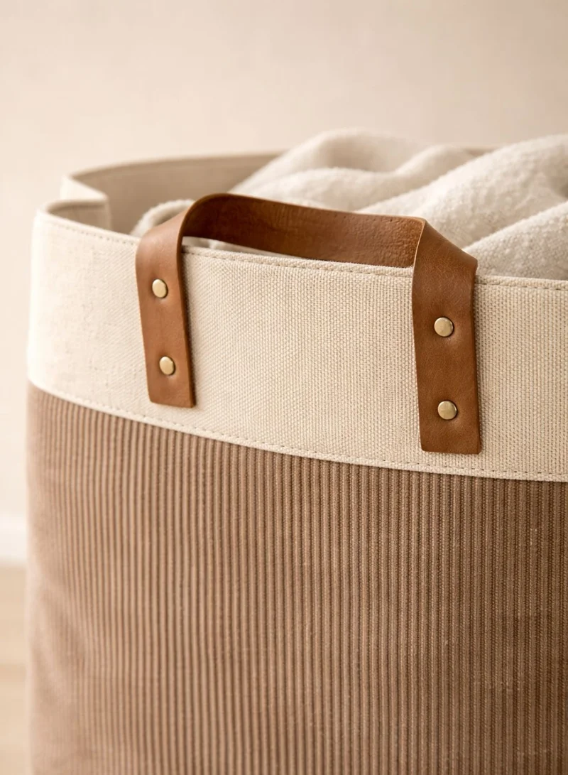 1Chase Foldable Velvet Laundry Basket 60L with Leather Handles – Natural Jute Style Storage Bin for Clothes, Blankets & Home Organization, Brown