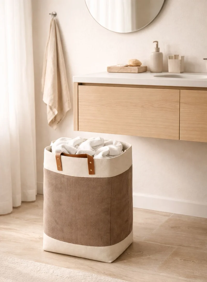 1Chase Brown Foldable Velvet Laundry Basket 60L with Leather Handles – Natural Jute Style Storage Bin for Clothes, Blankets & Home Organization, Brown  | Best Price UAE
