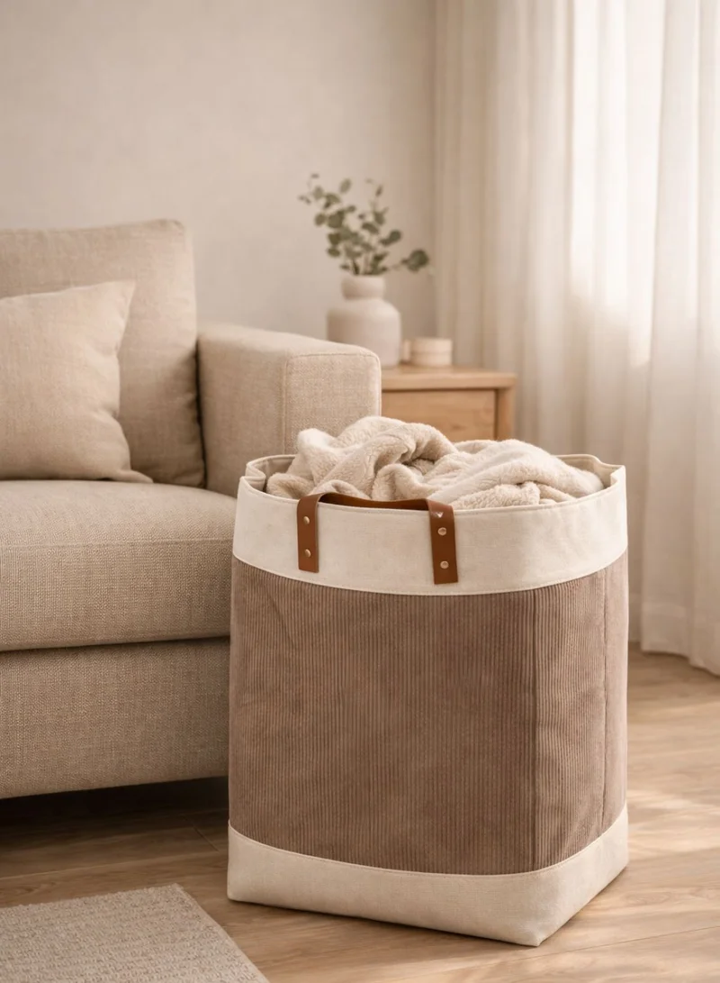 1Chase Brown Foldable Velvet Laundry Basket 60L with Leather Handles – Natural Jute Style Storage Bin for Clothes, Blankets & Home Organization, Brown  | Best Price UAE