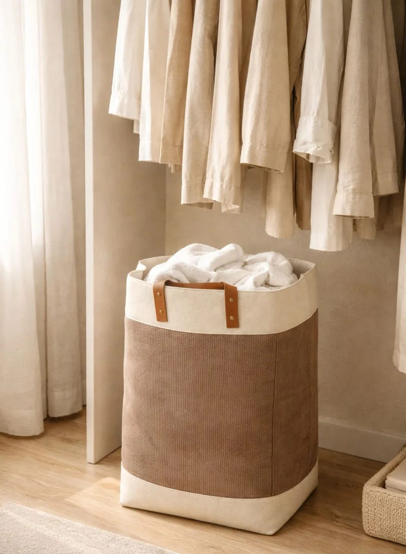1Chase Brown Foldable Velvet Laundry Basket 60L with Leather Handles – Natural Jute Style Storage Bin for Clothes, Blankets & Home Organization, Brown  | Best Price UAE