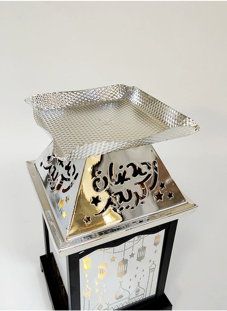 Living - Ramadan Lantern Glass with Silver Steel Touch Islamic Decoration and Serving Plate, Black/Silver - Image 1