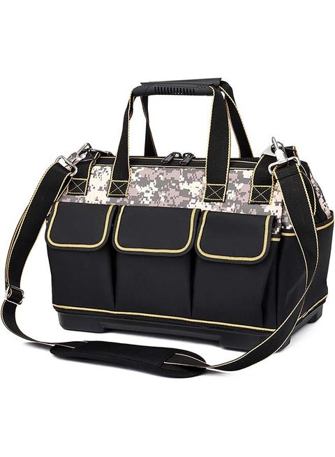 Hard Bottom Electric Tool Bag, 17 inch Tool Bags for Men Heavy Duty, 1680D Open Top Tool Bag Large, Electrical Mechanic Wide Mouth Tool Bag, Waterproof Molded Base, Rubber Handle, Multi Pocket