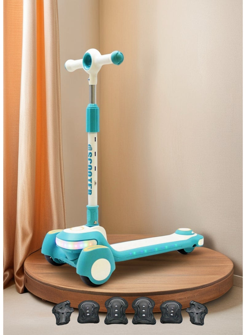 EASY FUTURE Kids Kick Scooter: Foldable Design, Height-Adjustable Handle, LED Wheels, Rear Brake & Music for Ages 3-8 Including Protective Gear Set - Image 1