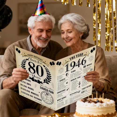 Uiorgui Large 80th Birthday Cards for Men Women, Vintage 1946 Happy 80th Birthday Greeting Card with Envelope Jumbo Eighty Guest Book Cheers to 80 Years Decorations Gifts Party Supplies - Image 5