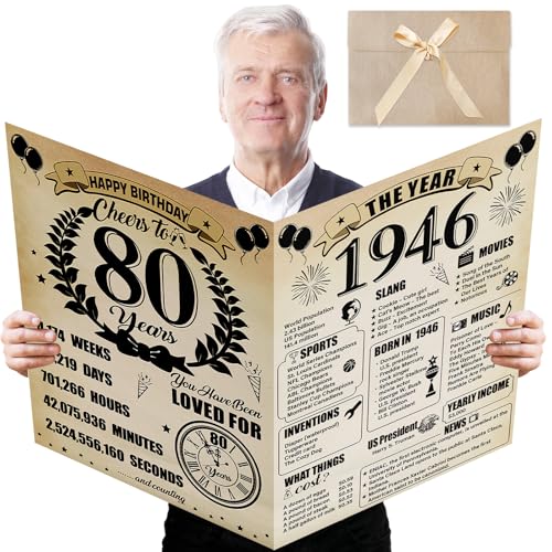 Uiorgui Large 80th Birthday Cards for Men Women, Vintage 1946 Happy 80th Birthday Greeting Card with Envelope Jumbo Eighty Guest Book Cheers to 80 Years Decorations Gifts Party Supplies - Image 1