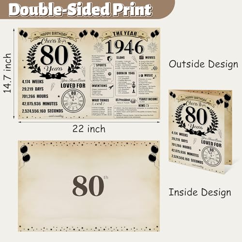 Uiorgui Large 80th Birthday Cards for Men Women, Vintage 1946 Happy 80th Birthday Greeting Card with Envelope Jumbo Eighty Guest Book Cheers to 80 Years Decorations Gifts Party Supplies - Image 2