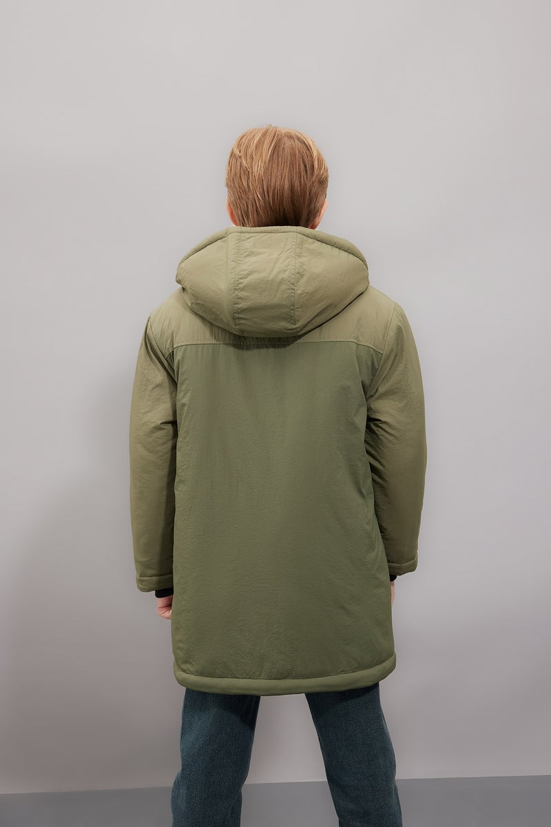 DeFacto Green Boy Waterproof Hooded Zippered Plush Lining Puffer Jacket Casual - Image 4