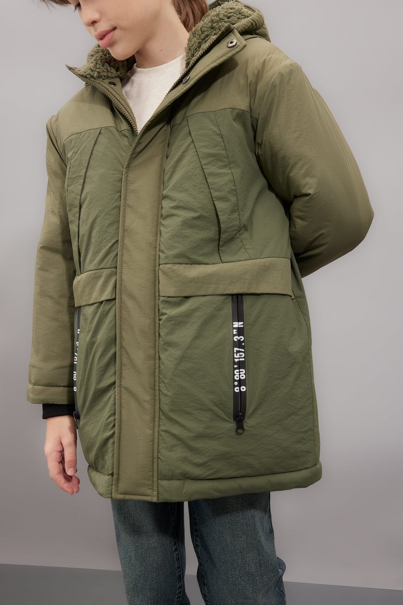 DeFacto Green Boy Waterproof Hooded Zippered Plush Lining Puffer Jacket Casual - Image 3