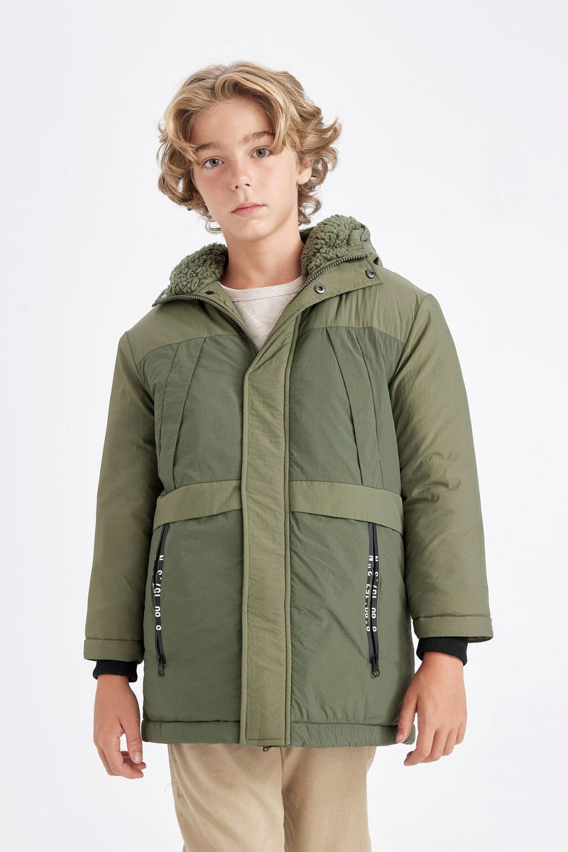 DeFacto Green Boy Waterproof Hooded Zippered Plush Lining Puffer Jacket Casual - Image 5