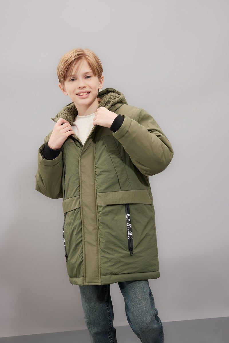 DeFacto Green Boy Waterproof Hooded Zippered Plush Lining Puffer Jacket Casual - Image 1
