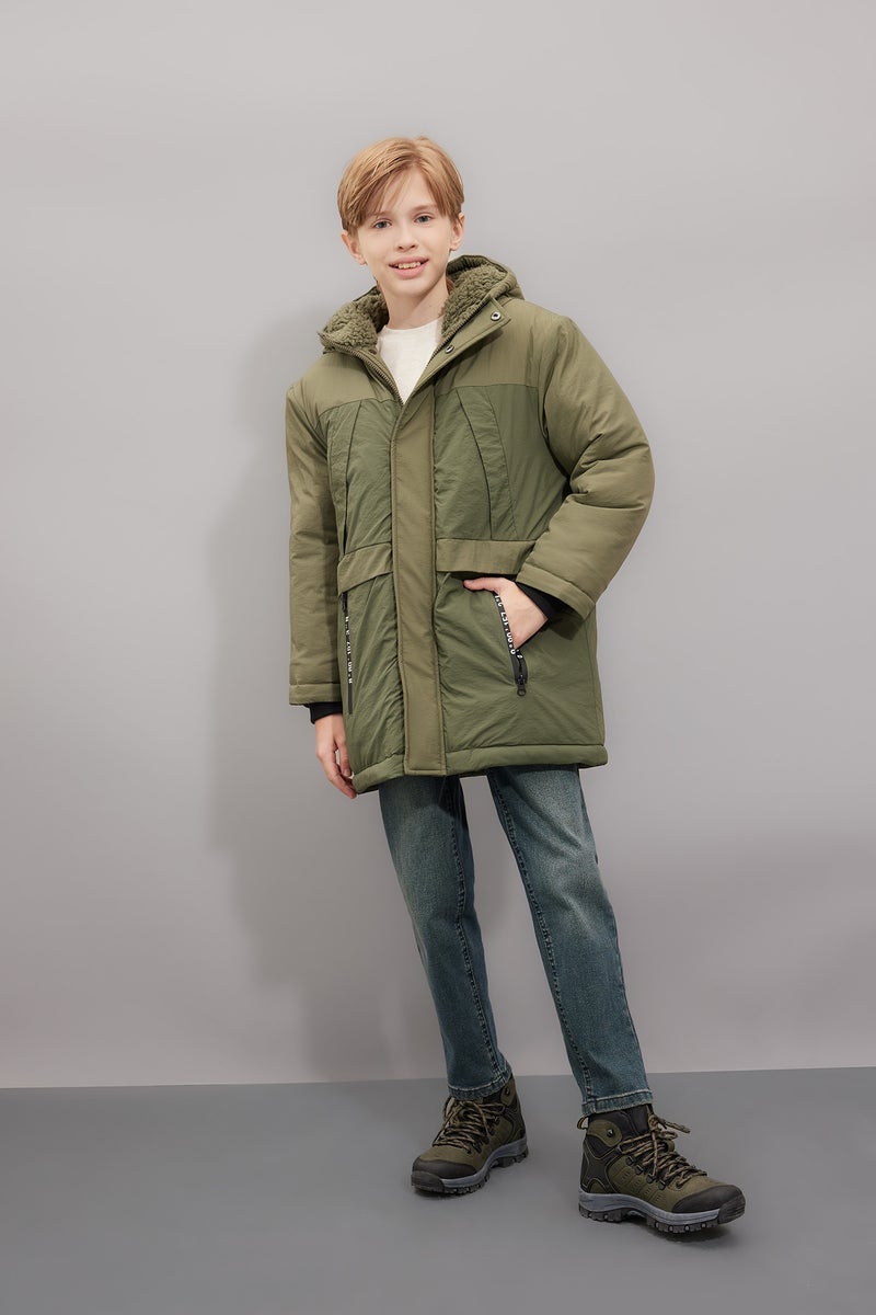 DeFacto Green Boy Waterproof Hooded Zippered Plush Lining Puffer Jacket Casual - Image 2
