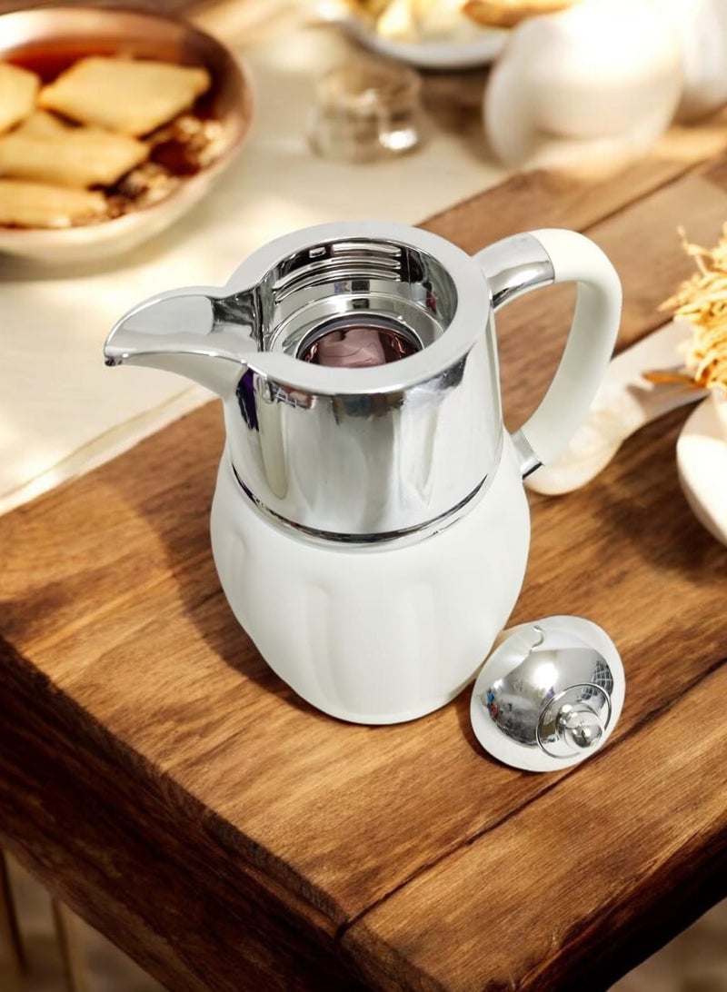 ريفان ترمس عربي فاخر وعالي الجودة، سعة 1+1 لتر، زجاج داخلي وردي يحفظ المشروبات ساخنة أو باردة لساعات طويلة، أبيض/فضي. - Image 2