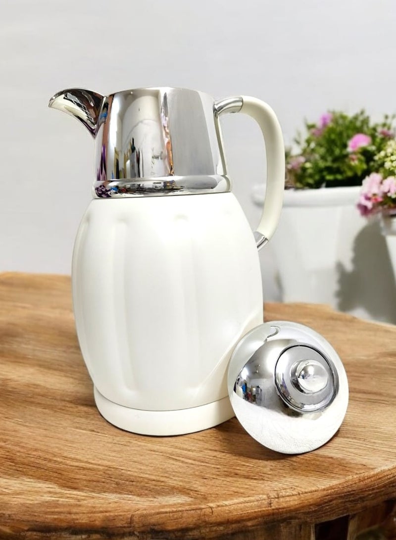 ريفان ترمس عربي فاخر وعالي الجودة، سعة 1+1 لتر، زجاج داخلي وردي يحفظ المشروبات ساخنة أو باردة لساعات طويلة، أبيض/فضي. - Image 3